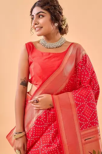 Red Bandhani Weaving Saree With Paithani Pallu  