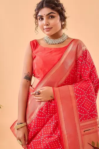 Red Bandhani Weaving Saree With Paithani Pallu  