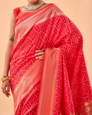 Red Bandhani Weaving Saree With Paithani Pallu   3