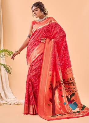Red Bandhani Weaving Saree With Paithani Pallu   4