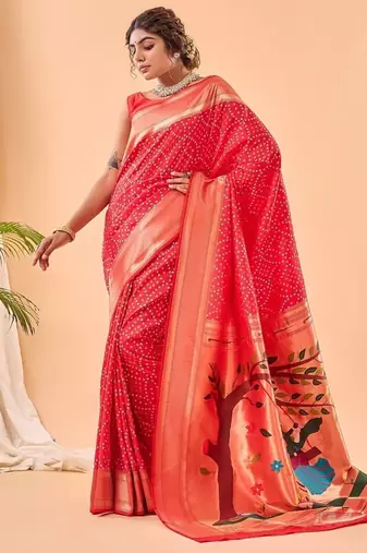 Red Bandhani Weaving Saree With Paithani Pallu  