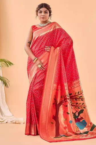 Red Bandhani Weaving Saree With Paithani Pallu  