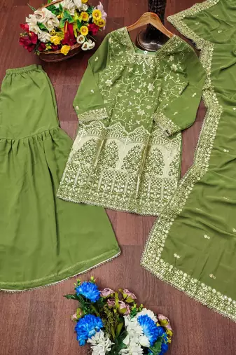 Green Heavy GEORGETT Embroidery Work PARTY WEAR SUIT SET   
