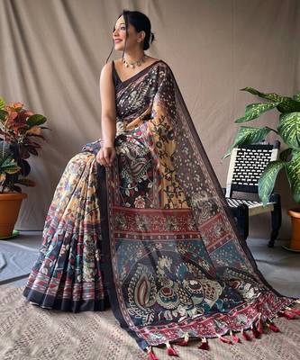 Light Yellow Soft Cotton Kalamkari Printed Saree 2