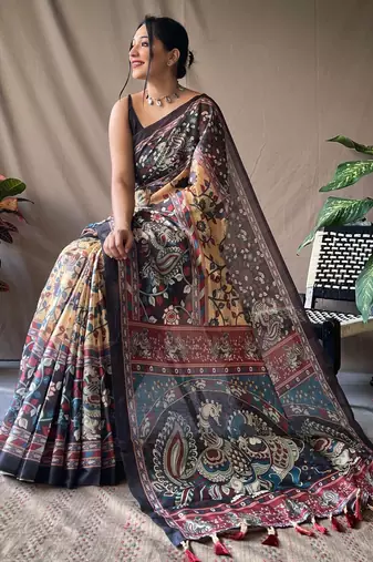 Light Yellow Soft Cotton Kalamkari Printed Saree