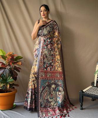 Light Yellow Soft Cotton Kalamkari Printed Saree 3