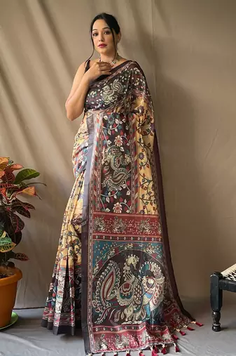 Light Yellow Soft Cotton Kalamkari Printed Saree