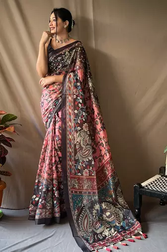 Light Pink Soft Cotton Kalamkari Printed Saree