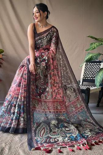 Light Pink Soft Cotton Kalamkari Printed Saree