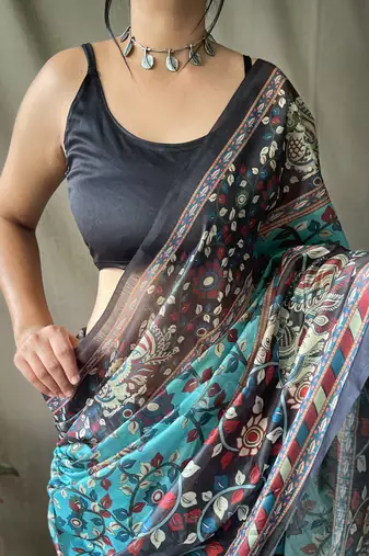 Light Blue Soft Cotton Kalamkari Printed Saree