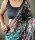 Light Blue Soft Cotton Kalamkari Printed Saree