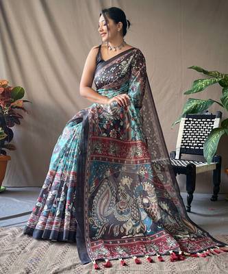 Light Blue Soft Cotton Kalamkari Printed Saree 2