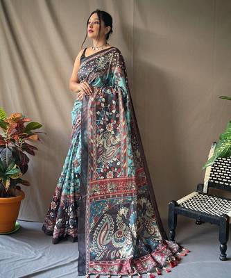 Light Blue Soft Cotton Kalamkari Printed Saree 3
