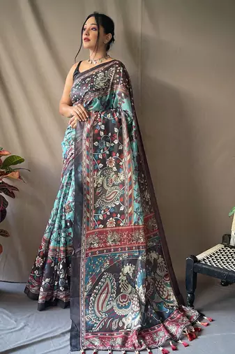 Light Blue Soft Cotton Kalamkari Printed Saree