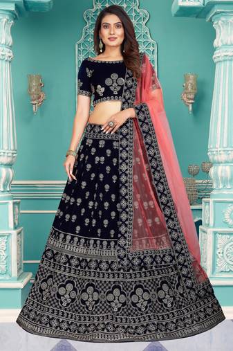 Velvet Navy Blue Zari Embroidered Bridal Lehenga Choli