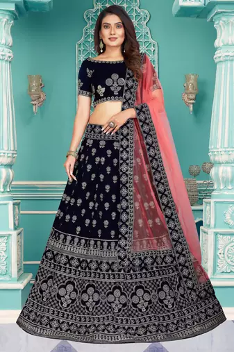 Velvet Navy Blue Zari Embroidered Bridal Lehenga Choli