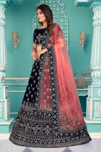 Velvet Navy Blue Zari Embroidered Bridal Lehenga Choli
