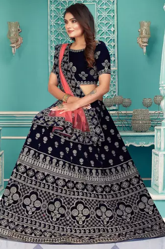 Velvet Navy Blue Zari Embroidered Bridal Lehenga Choli