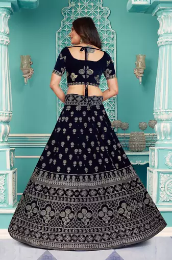 Velvet Navy Blue Zari Embroidered Bridal Lehenga Choli