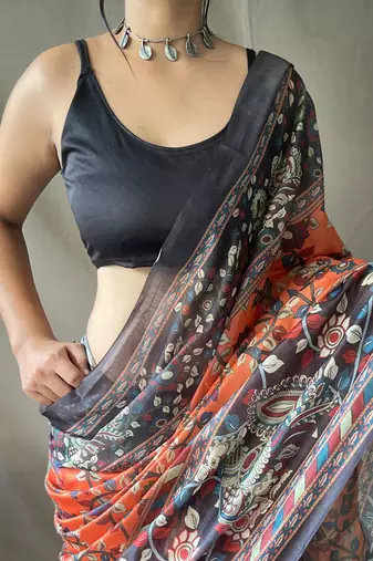 Light Orange Soft Cotton Kalamkari Printed Saree