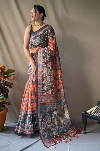 Light Orange Soft Cotton Kalamkari Printed Saree