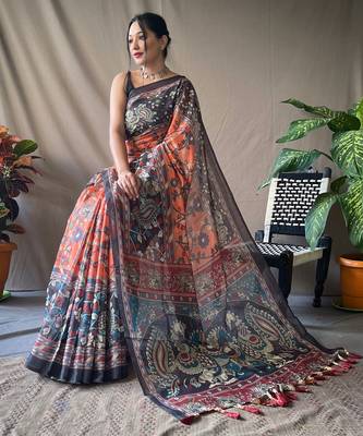Light Orange Soft Cotton Kalamkari Printed Saree 3