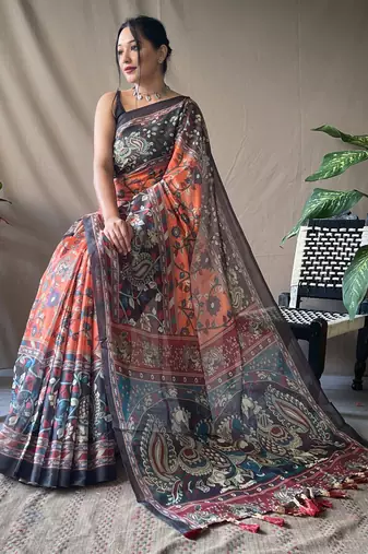 Light Orange Soft Cotton Kalamkari Printed Saree