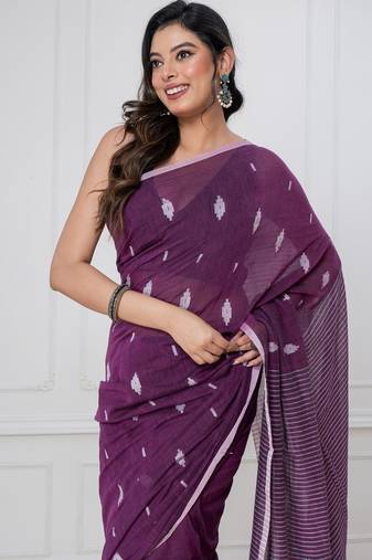 Purple handloom mul cotton jamdani weaving saree