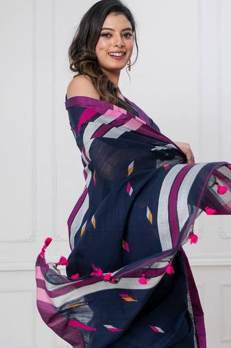 Navy blue handloom mul cotton jamdani weaving and tassels saree