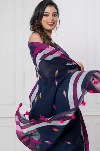 Navy blue handloom mul cotton jamdani weaving and tassels saree