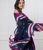 Navy blue handloom mul cotton jamdani weaving and tassels saree