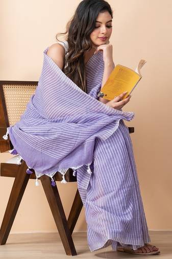 Lavender khadi cotton all over stripes and tassels saree