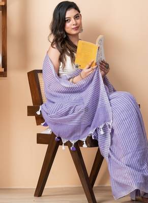 Lavender khadi cotton all over stripes and tassels saree 2