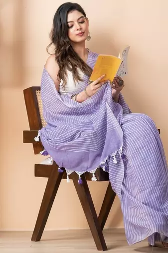 Lavender khadi cotton all over stripes and tassels saree