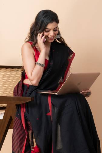 Black handloom pure cotton all over jamdani buta and big tassels saree