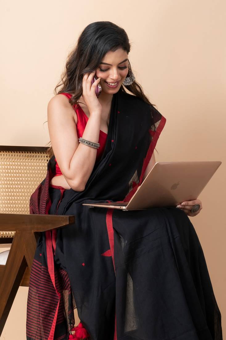 Black handloom pure cotton all over jamdani buta and big tassels saree