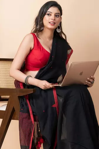 Black handloom pure cotton all over jamdani buta and big tassels saree