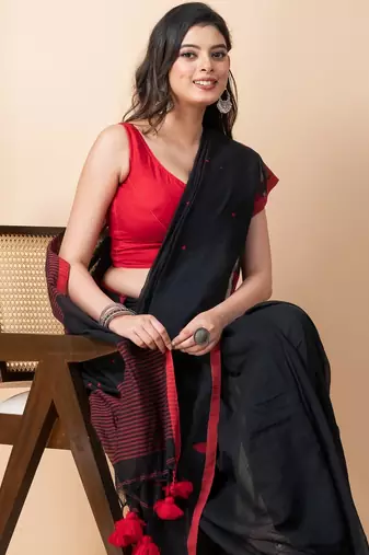 Black handloom pure cotton all over jamdani buta and big tassels saree