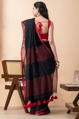 Black handloom pure cotton all over jamdani buta and big tassels saree 4