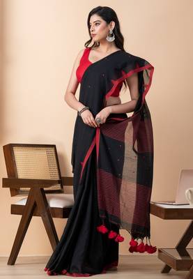Black handloom pure cotton all over jamdani buta and big tassels saree 5