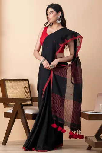 Black handloom pure cotton all over jamdani buta and big tassels saree