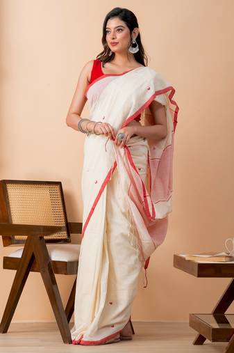 Cream handloom mark pure cotton all over heart jamdani saree