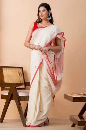 Cream handloom mark pure cotton all over heart jamdani saree