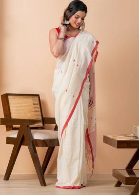 Cream handloom mark pure cotton all over heart jamdani saree 3