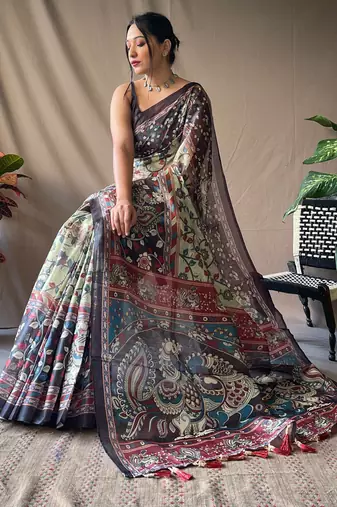 Light Green Soft Cotton Kalamkari Printed Saree