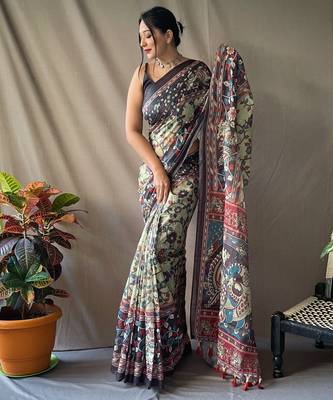 Light Green Soft Cotton Kalamkari Printed Saree 3