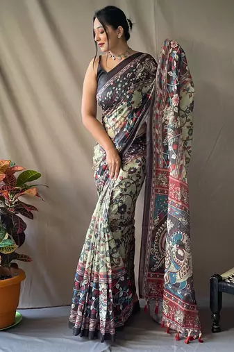 Light Green Soft Cotton Kalamkari Printed Saree