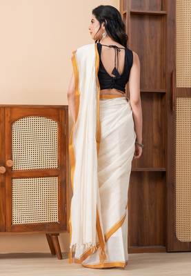 Cream handloom dhaniakhali pure cotton with sleek golden border saree 5