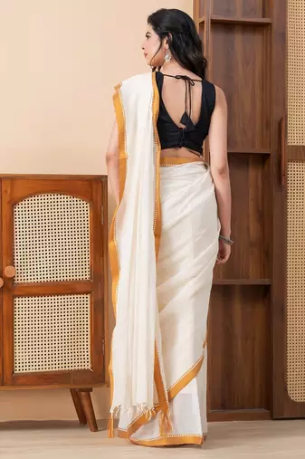 Cream handloom dhaniakhali pure cotton with sleek golden border saree