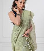 Light green khadi cotton all over stripes and tassels saree